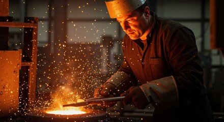 Male blacksmith working with molten metal in industrial workshop  