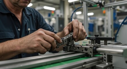 Worker assembling mechanical parts in a factory environment  
