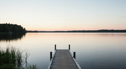 Wooden dock extending into calm lake at sunset with reflections  