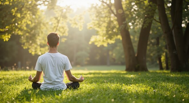 Young man meditating peacefully in lush green park during sunlight   - Powered by Adobe