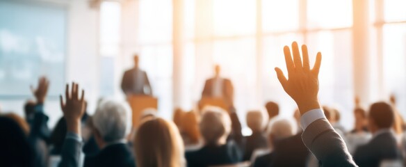 The engaged audience raising hands in a conference setting.