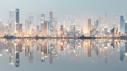 Fototapeta premium Modern City Skyline Reflecting on Calm Water