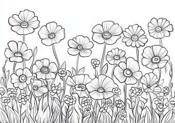 Ilustración monocromática de un campo de flores silvestres