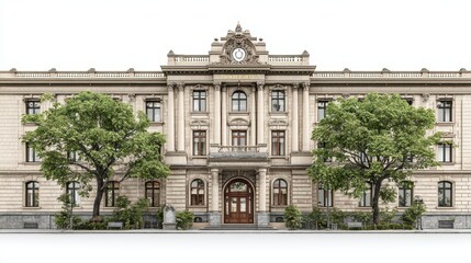 Obraz premium Facade of historic building with clock and symmetrical tree lined entrance.