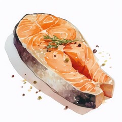 Watercolor Salmon Delight: A vibrant watercolor painting depicts a fresh salmon fillet, artistically arranged with herbs and spices to celebrate culinary artistry. 