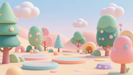 Whimsical Pastel Dreamscape with Cartoon Trees and Clouds