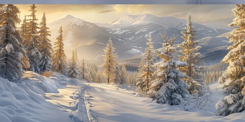 Amanecer invernal en paisaje montañoso nevado