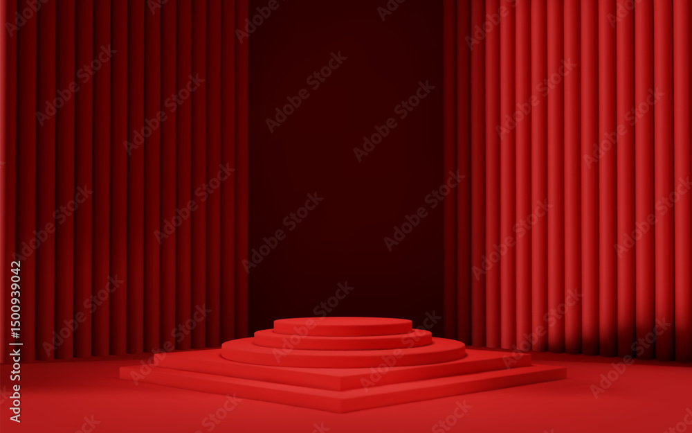 Poster 3d red room background with podium and column. product display with platform. abstract geometric lig