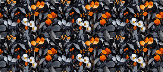 Floral Symphony: A harmonious blend of orange and white blossoms against a backdrop of muted foliage, forming a visually captivating floral repeat pattern that exudes a timeless elegance.