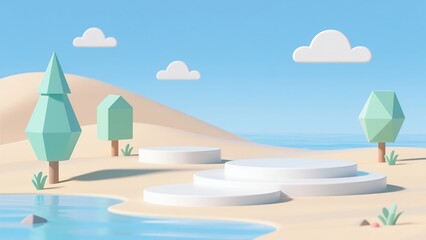 Whimsical Pastel Dreamscape with Cartoon Trees and Clouds