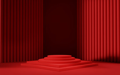 3d red room background with podium and column. Product display with platform. Abstract geometric light scene.