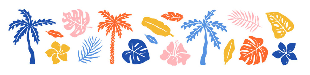 Abstract naive set of tropical leaves and palm trees