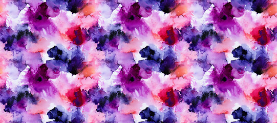 Obraz premium Abstract Watercolor Pattern: A vibrant, artistic display of colorful watercolor paintstrokes forming a seamlessly repeating pattern, evoking a sense of fluidity, texture, and artistic flair.