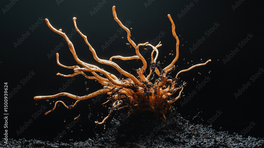Poster abstract golden tentacles with black particles against a dark background design element