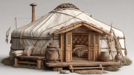 Inside a cozy yurt with wooden accents awaits peaceful relaxation time.