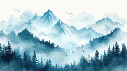 Paisaje montañoso envuelto en niebla, acuarela abstracta