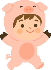 Cute cartoon illustration of a little girl wearing a pig costume