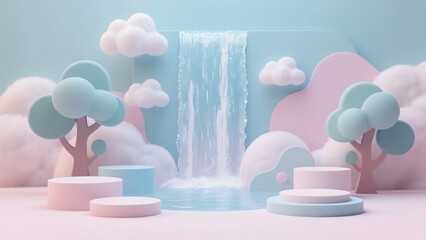 Whimsical Pastel Dreamscape with Cartoon Trees and Clouds