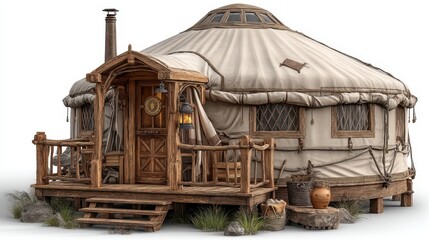 A cozy yurt with wooden porch stands led against a white background.