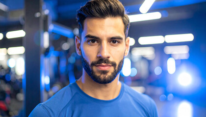 Athletic young male in gym setting, muscular build. Cinematic fitness portrait. Handsome man.