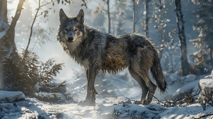Naklejka premium Majestic Wolf Standing in Snowy Forest Landscape at Dawn