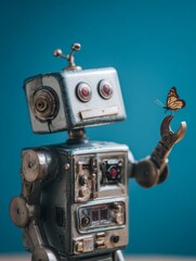 Fototapeta premium Close-up side view of an AI robot with a delicate butterfly perched on its metallic finger, minimalist futuristic concept against a blue background, symbolizing harmony between technology and nature