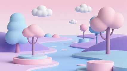 Whimsical Pastel Dreamscape with Cartoon Trees and Clouds