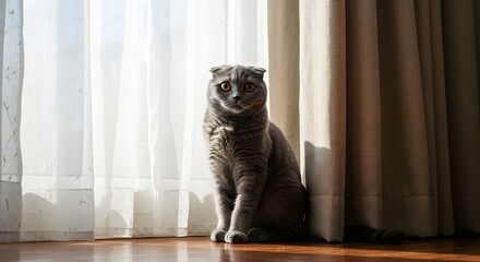 gray cat sitting on a wooden floor near a window with white curtains