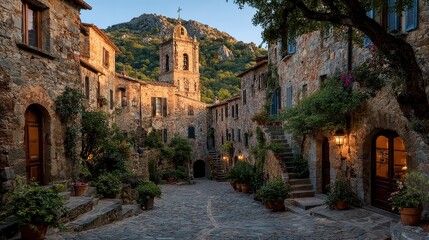 Fototapeta premium Picturesque medieval village with stone buildings under sunlight in Italy