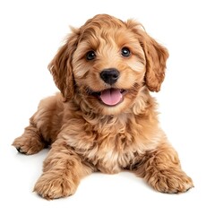 Adorable Fluffy Cavapoo Puppy Dog Lying Down Happy Expression Studio Shot