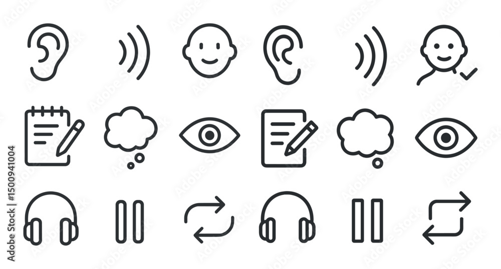 Poster communication and listening icons set – outline, linear, conversation and interaction tools