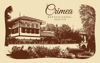 City ancient architecture, Crimea, Bakhchysarai. Muslim buildings, Khan's Palace. Vintage brown and beige graphics, engraved, vector. Old retro design.