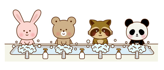 かわいい動物たちの手洗いイラスト｜うさぎ・くま・アライグマ・パンダ