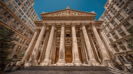 Fototapeta premium Imposing architecture with grand columns captures the essence of Wall Street.