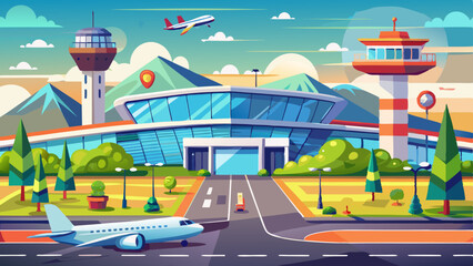 Cartoon airport terminal with airplanes, control towers and mountains in the background under a vibrant sky