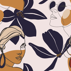 Abstract Line Art Faces with Flowers Seamless Pattern