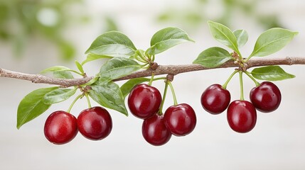 A branch holding fresh ripe red cherries hangs with green leaves closeup