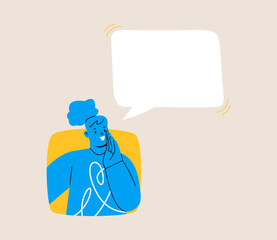 Woman looking out of square window with speech bubbles. Colorful vector illustration