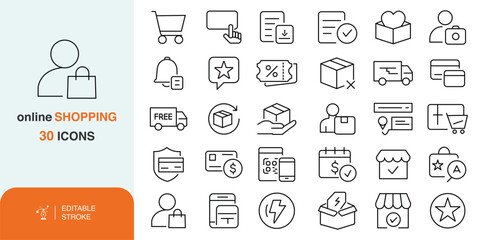 Online Shopping Line Icons Set, E-commerce Outline Icons, Editable Stroke Shopping Icons, E-commerce Icon Pack, icon set