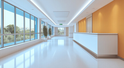 Fototapeta premium Modern hospital corridor with orange wall, large windows, reception desk, and natural light, creating calm atmosphere