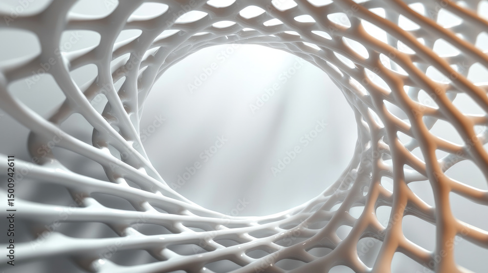 Poster Abstract white geometric tunnel structure with smooth curves and soft light, creating modern and futuristic feeling