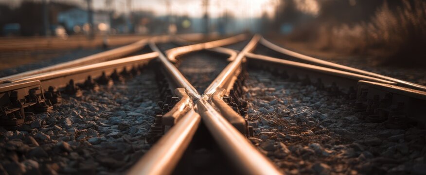 The railway tracks intersecting at a junction during sunset creating a serene atmosphere.