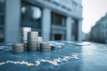 Abstract financial chart displays coins and graphs on table with blurred bank building in professional blue background