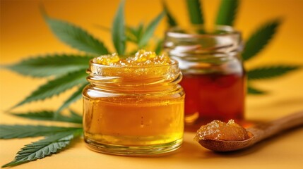 Glass jars of cannabis honey concentrate with wooden spoon and green marijuana leaves on vibrant yellow background perfect for cannabis product promotion, wellness branding and organic food visuals