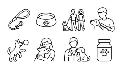Pet care icons: training, grooming, and veterinary services vector set