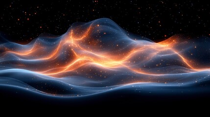 Abstract glowing waves with orange particles on a black background create a dynamic visual