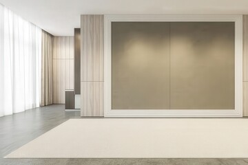 Contemporary beige white bright empty interior with wall panel and moldings.