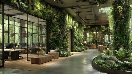 Obraz premium Lush indoor vertical garden adorns modern office interior with workstations