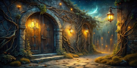 Enchanted Night Scene A Mysterious Wooden Doorway Beckons on a Moonlit Path through a Vine-Covered Stone Wall, Illuminated by Glowing Lanterns and Firefly Lights