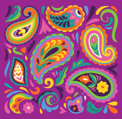 Floral Indian paisleys print isolated on purple